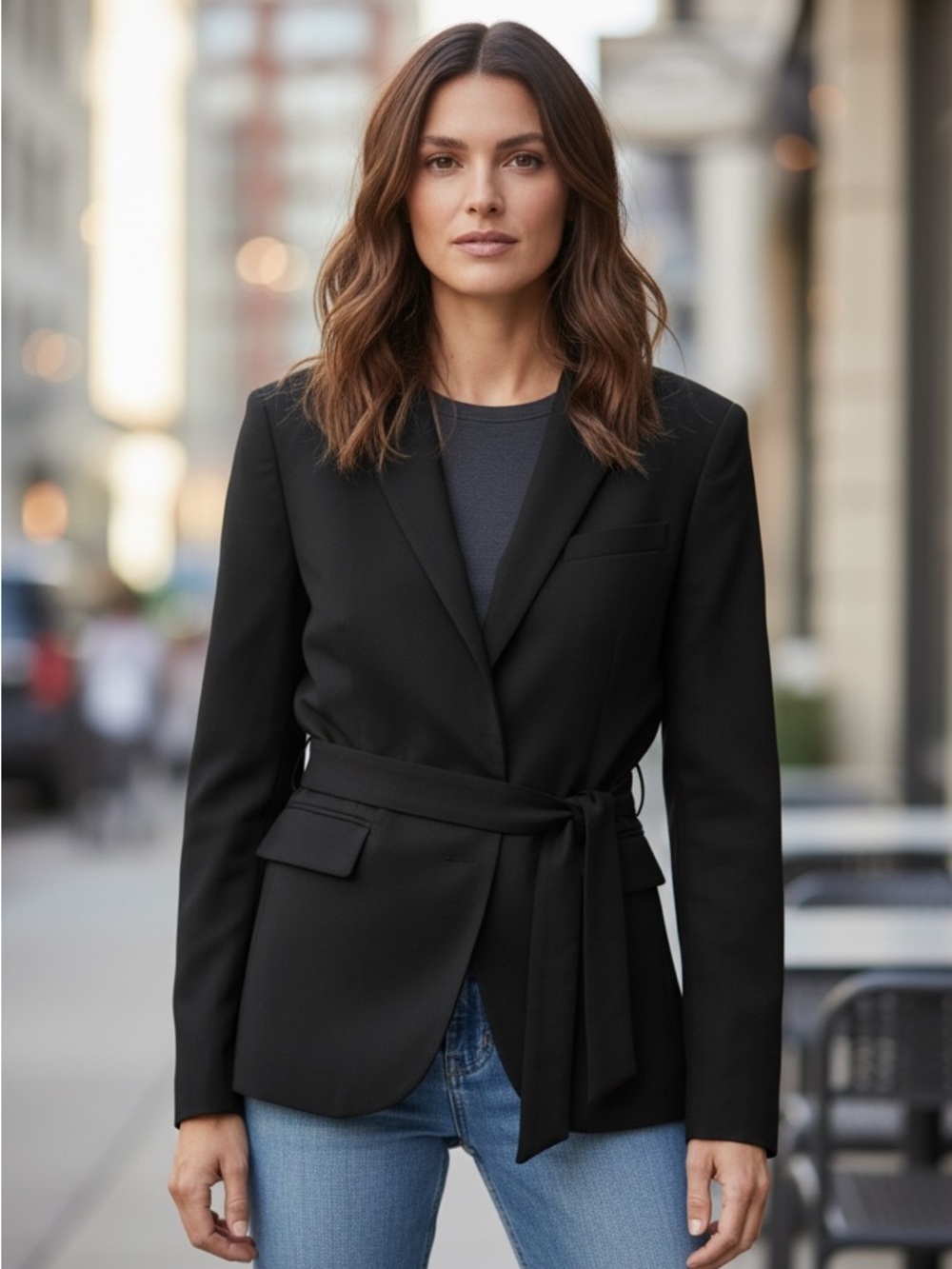 Designer Ross Mayer - Elegant Black Blazer with Tie Accent - Night Out -Size 8